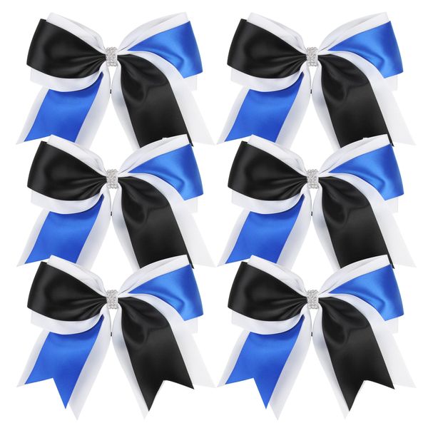 Cheerleader Bows 8 Inch 3 Colors 2 Layers 6 Pcs Jumbo Ponytail Holder Cheerleading Bows for High School College Hair Elastic Hair Tie (Black/Royal Blue)