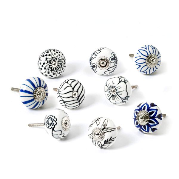 Nicola Spring Ceramic Cupboard Drawer Handle Knobs - Floral Design - Set of 9