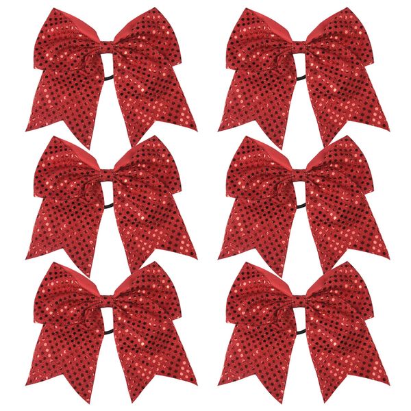 8 Inch Cheer Bows Cheerleader Ponytail Holder with Bling Fling Sequin Hair Tie Cheerleading Bows 6 Pcs (Red)