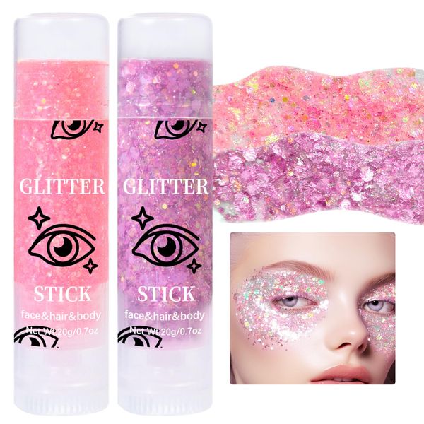 Prreal 2pcs Body Glitter, Mermaid Face Glitter Stick Makeup Holographic Sequins, Hair Glitters Eyeshadow Body Shimmer for Rave Accessories,Stage Christmas Festival Makeup Glitter(Light Pink+Pink)