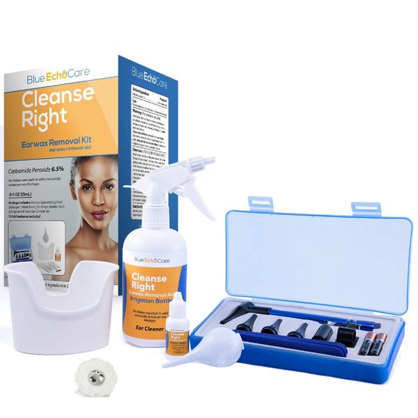 Cleanse Right - Ear Wax Removal Tool Kit, USA Made .5oz Ear Drops, USA Made, Reusable, Dishwasher Friendly! Otoscope, Irrigation Cleaner Bottle, Wash Basin, Remove Earwax Blockage - Package May Vary