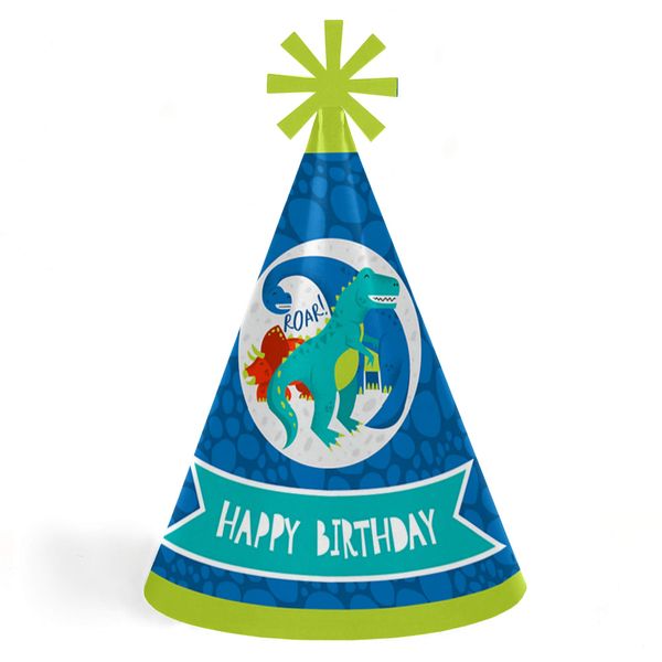 Roar Dinosaur - Cone Happy Birthday Party Hats for Kids and Adults - Set of 8 (Standard Size)