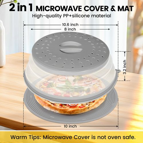CasaCulina 2 In 1 Microwave Splatter Cover & Silicone Mat, Vented Collapsible Microwave Cover for Food, Splatter Guard Dish Plate Lid, Kitchen Colander, 10 Inch Round Silicone Trivet Mat (Grey)