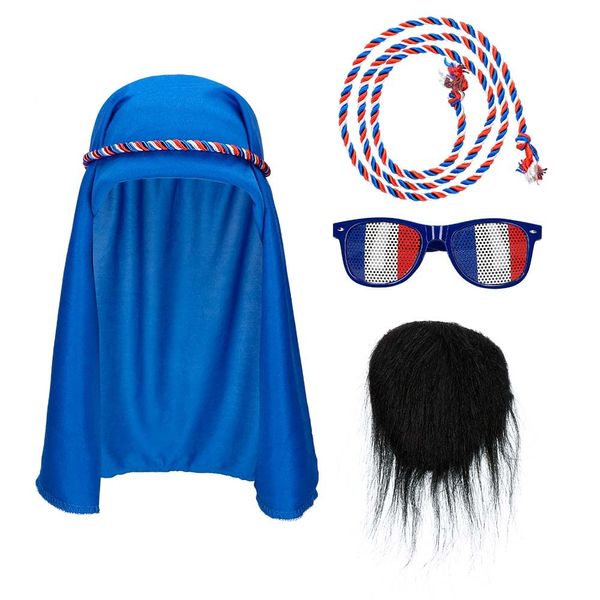France Supporter Kit | 4 Pieces | Cheik Scarf and Tricolour Rope | Black Arabic Goatee | Blue White Red Glasses