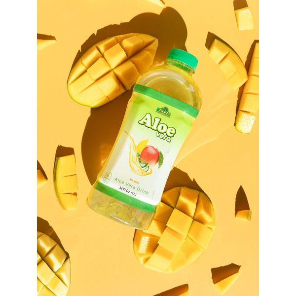 Alfa Vitamins Aloe Vera Drink with Pulp, Mango, 34 Ounce Bottle - 6 pack