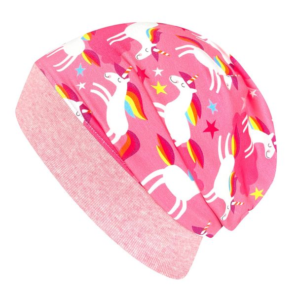 Wollhuhn ÖKO Leichte Mädchen/Jungen Beanie-Mütze Bündchen Elastisch Übergangszeit/Sommer Kinder-Mütze Baumwolle (Öko-Stoffe, Bio) 22222235 (Happy Unicorn/Einhorn Rosa, S)
