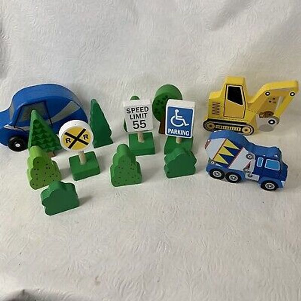 14 piece Wood Toy Play Set Car Trees Signs Mismatched  Bulldozer Cement Truck