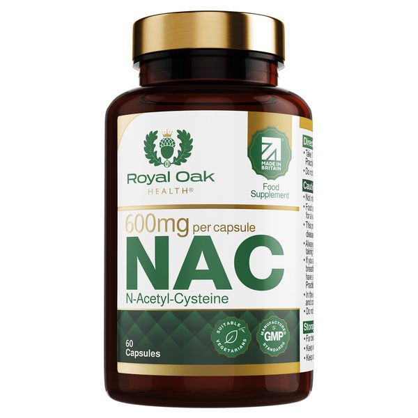 NAC N-Acetyl-Cysteine 600mg x60 Capsules (2 Month Supply) Vegan Friendly High Bioavailability N Acetyl Cysteine Supplement Made in The UK by Royal Oak Health