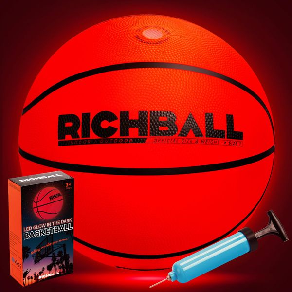 Richball LED Light Up Basketball, Glow in The Dark Basketball for Teens Boys, Night Basket Ball Game, Indoor Outdoor Size 7 Impact Glowing Ball with Pump