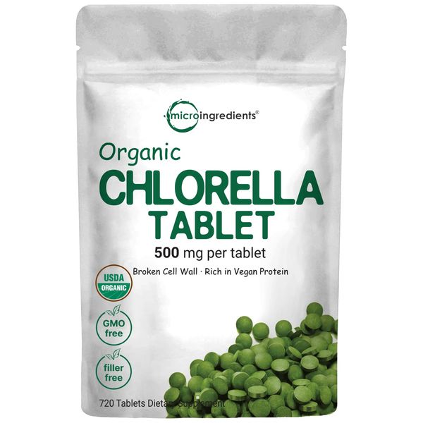 Organic Chlorella Tablets, 500mg Per Tablet, 720 Tabs (360 Grams), 4 Months Supply, Broken Cell Wall, Rich in Vegan Protein & Vitamins, No Filler, No Additives & Non-GMO | Pure Green Algae Superfood