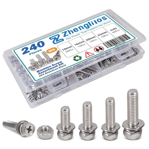 240Pcs Machine Screws Nuts and Bolts Assortment Kit, M5×（10mm,16mm,20mm,25mm） Phillips Hex Head Assorted 304 Stainless Screws