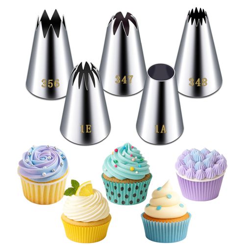 Suuker Large Piping Tips Set, Stainless Steel Frosting Piping Kit, 5 Pieces Pastry Cake Decorating Tips Baking Tools for Cookies Cupcake Decorating Kit (1A 1E 348 347 356)
