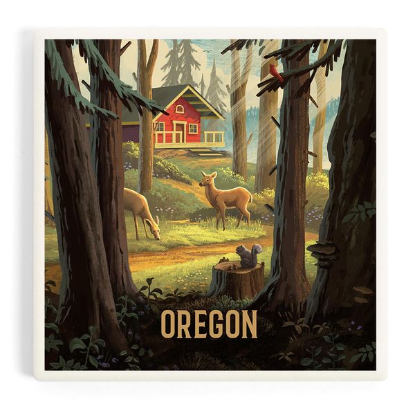 Oregon, Slip Away, Cabin with Wildlife (Absorbent Ceramic Coaster, Single, Cork Back, Kitchen Table Decor)