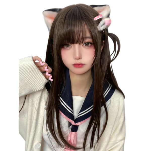 Wig, Semi-Long, Gradient, Straight, Full Wig, Women's, Wig, Natural, Small Face, Brown
