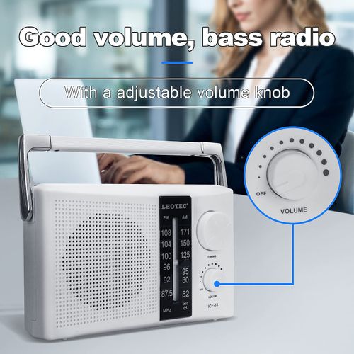 LEOTEC AM FM Radio Transistor Radio Battery or AC Powered with Excellent Reception,Good Sounds Large Speakers,Big and Precise Tuning Knob,Earphone Jack White