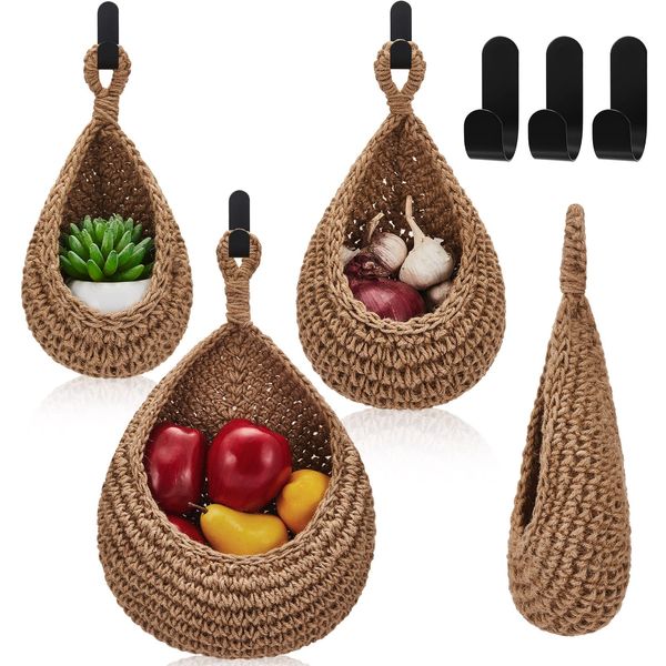 Teardrop Hanging Baskets, Onion Basket Coat Bohemian Storage Fruit Wall Hooks for Kitchen Wall Home Restaurant Garlic Vegetable Wall Planters, 3 Sizes (Linen)