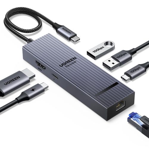 UGREEN Revodok Pro 6 in 1 USB C Hub Gigabit Ethernet Adapter with 4K 60Hz HDMI, 100W PD Charging, 10Gbps USB A&C 3.2 Data Ports Compatible with Mac M1, M2, M3, iPad, iPhone 16 Pro/Pro Max, Steam Deck