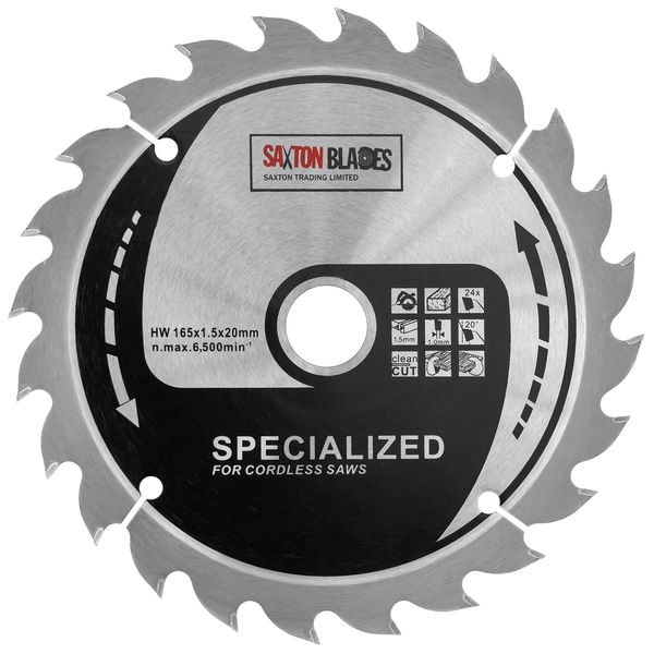 Saxton TCT16524T 165mm x 24t TCT Thin Kerf Cordless Circular Saw Blade Compatible with Dewalt Makita