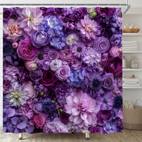 ABONAN Purple Floral Shower Curtain Purple Boho Flower Spring Blossom Rustic Bright Rose Peony Leaves Botanical Plant Fabric Bathroom Decor Set with Hooks(70" WX70 H)