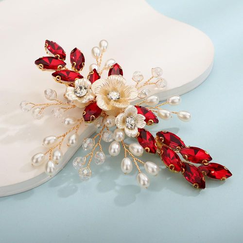 Teyglen Crystal Bridal Hair Clip Wedding Flower Red Rhinestone Hair Clips Handmade Pearls Crystal Hair Pieces Barrette Wedding Hair Accessories for Bride Floral Flower Headpieces for Women Girls (Red)