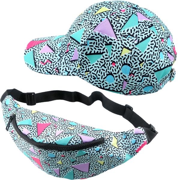 Cagemoga 2 Pcs 80s 90s Fanny Pack and Visor Hats Set 80s Retro Adjustable Waist Bag 90s Neon Baseball Caps for Men Women Teen