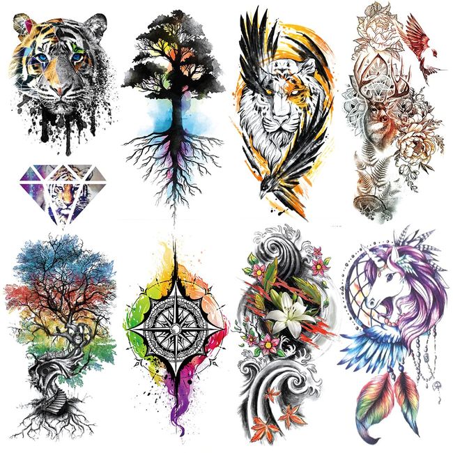 Oottati 8 Blätter Wasserfest Temporäre Tattoos Fake Tätowierung Arm Bunte Tiger Baum Einhorn Kompass Dreamcatcher Löwe