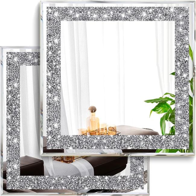 XIHACTY 2 Piece Wall Mirrors, Crush Diamond Mirrors Decor, Silver Decorative for