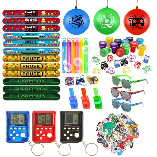 Video Game Party Favors, Gaming Birthday Party Supplies with Mini Game Player Pixel Sunglasses Finger Lights Slap Bracelet Punch Balloon Stamp Bubble Wand 92pcs Birthday Party Favors for Kids