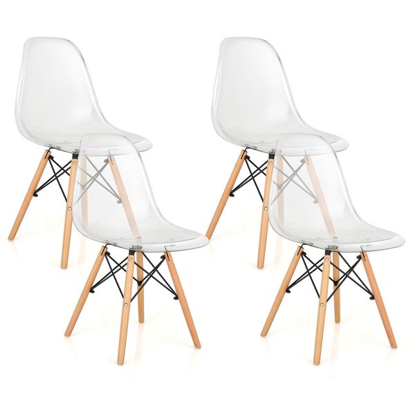 Set of 4 Dining Chairs Modern Plastic Shell Side Chair w/ Clear Seat & Wood Legs