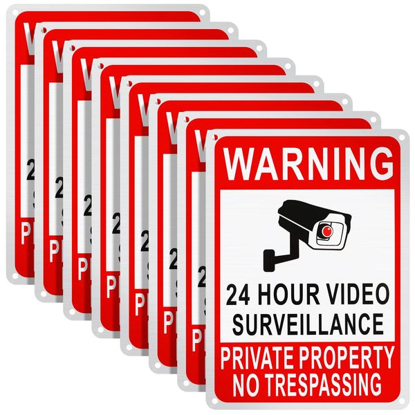 8 Pack Private Property No Trespassing Sign 24 Hour Video Surveillance Sign Reflective Aluminum Security Camera Sign Trespassers Will Be Shot Sign Warning Signs for Home Safety, 7 x 10'' (Video Sign)