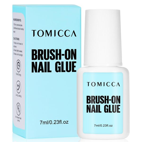 TOMICCA Quick Dry Nail Glue, 7ml Extra Strong Brush On Nail Glue for Nail Repair, Super Strong False Nail Glue For Nail Tips, Long Lasting Nail Adhesive Glue- Professional Salon & Home Use