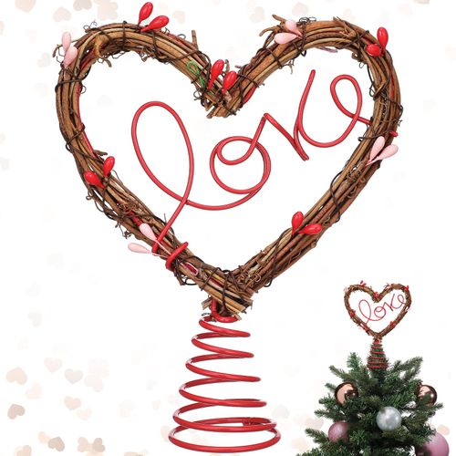 Gejoy 7 Inch Valentine Tree Topper Heart Tree Topper Rustic Rattan Treetop Valentines Love Wreath Decor with Red Pink Berry Heart for Valentines Wedding Holiday Party Wall Home Front Door Decor