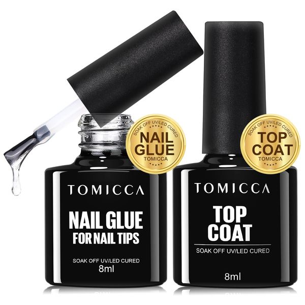 TOMICCA Gel Nail Glue Set, 8 in 1 Nail Glue and No Wipe Top Coat Kit for Acrylic Nails, Super Strong Brush On Nail Glue Gel and Top Coat for False Nails and Gel Nail Polish, UV/LED Lamp Cure Required