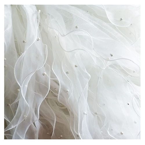 Ourkens Organza Ribbon, Triple Layered Beaded, DIY Handmade Lace Accessories, Wedding Dress, Skirt Hem Ornament, Dimensional, Ruffle Lace Ribbon, Sewing Material, White, Width 3.9 inches (10 cm), Length 39.4 inches (100 cm) (1-2 Seam Pieces)