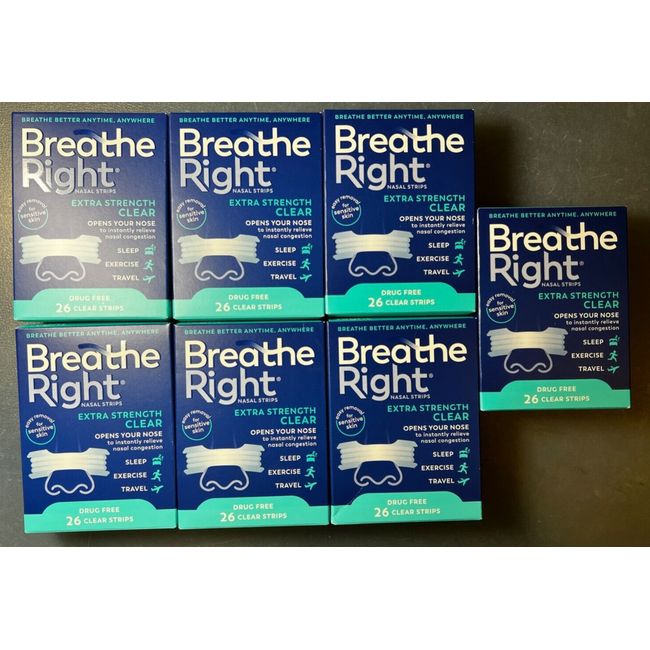 Lot of 7 Breathe Right EXTRA STRENGTH Nasal Strips CLEAR 26 Ct Each EXP. 5/2028