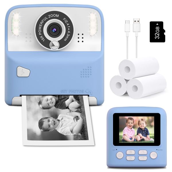 Amzelas Kids Camera Instant Print Photos Christmas Birthday Gifts for Boys Girls Age 3-12 HD Digital Video Cameras for Toddler Portable Toy for 3 4 5 6 7 8 9 Year Old Children with 32GB Card (Blue)