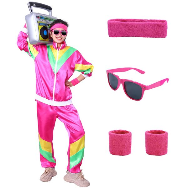 Alaiyaky 80s Shell Suit Costume, 80s Fancy Dress Men and Women, Fashion Retro Tracksuit with Glasses Headband Wristbands, 80s 90s Outfits Set for Carnival Parties Halloween (Pink, S)