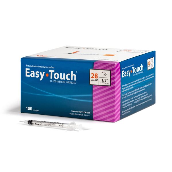 EasyTouch U-100 Insulin Syringe with Needle, 28G 1cc 1/2-Inch (12.7mm), Box of 100