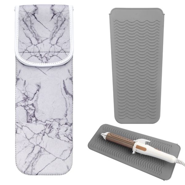 2 PCS Flat Iron Travel Case Heat Resistant, Catcan Curling Iron Holder Cover Bag with Silicone Mat Heat Resistant for Travel Daily Curling Iron Hair Straightener Storage (Grey Marble