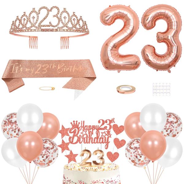 23rd Birthday Decorations Birthday Princess Crown Queen Tiara It's My 23rd Birthday Sash 23 Year old Birthday Cake Topper Number Candles Balloons Set for Birthday Party Supplies, Rose Gold