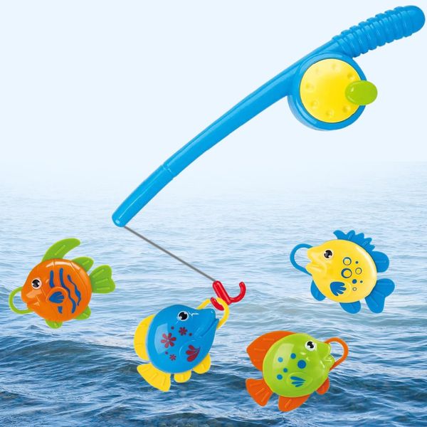 Children Toddler Fishing Game Set Bath Toy Rod Fish Catch Hook Pull Set and Fishing Net Swimming Pool Fishing Toys with fishing rod toy, fishing net hoop