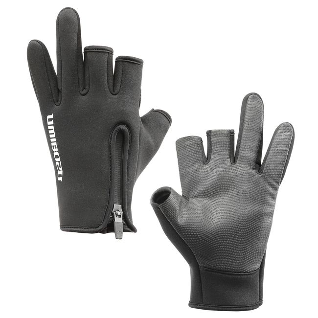 Umibozu Fishing Gloves, Winter, Cold Protection, YKK Waterproof Zipper, Fleece-Lined, Stretchable, Outdoor (L, Black)