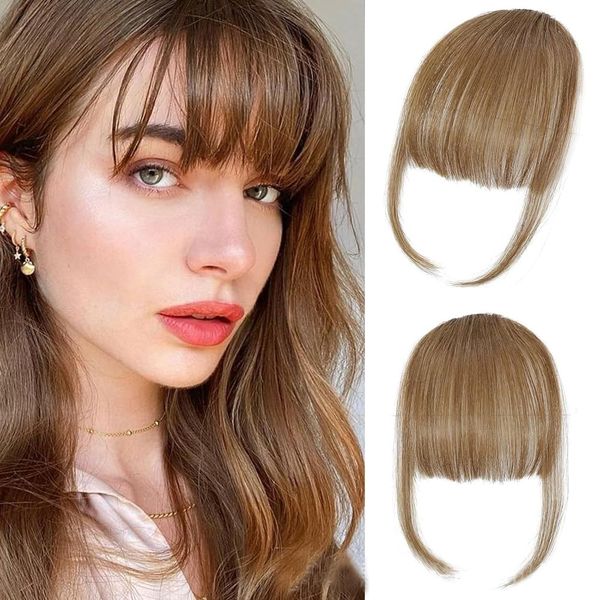 FFWTPY Haarschmuck One Piece Human Hair Clip in Pony Vorne Bang Haarverlängerung Extensions Natürliche Bangs Synthetisches Haarteil mit Schläfen für Frauen (Hellbraun)