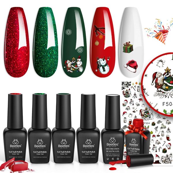 Beetles Christmas Gel Nail Polish Set- Christmas 5 Colors Sparkle Red Green Gel Polish Kit Soak Off LED Gel Nail Kit Manicure Gift with Nail Strengthener Gel and Stickers Nail Art Gifts for Women