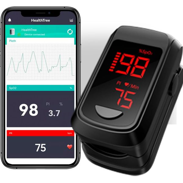 Bluetooth Pulse Oximeter With Free APP, HOLFENRY Oxygen Monitor finger Adults for Heart Rate Blood Oxygen Saturation Includes 2 AAA Batteries and Lanyard(Black)