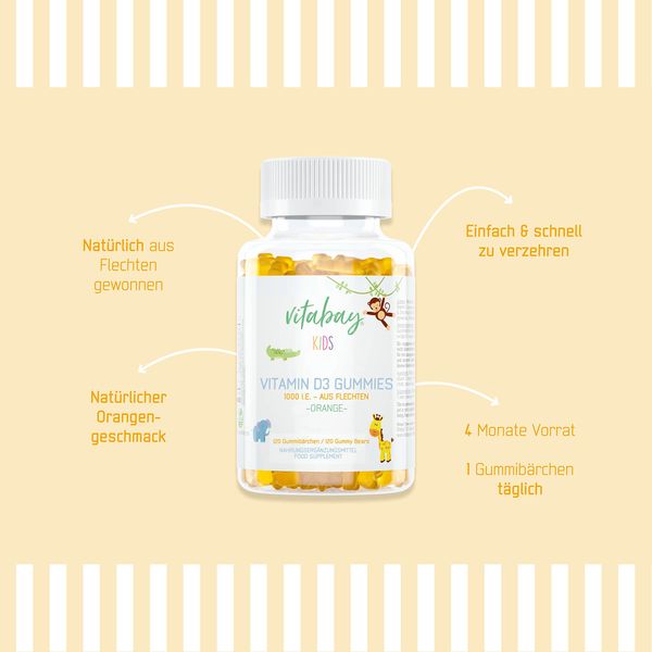 Vitabay Vitamin D3 Kinder - 120 VEGAN Vitamin D 3 1000 IE Vitamin Gummies - Kinder Vitamine Gummi Vitamin D Kinder Immunsystem stärken Kinder Vitamin D Gummibärchen Kinder Vitamin D3 D Vitamin Kinder