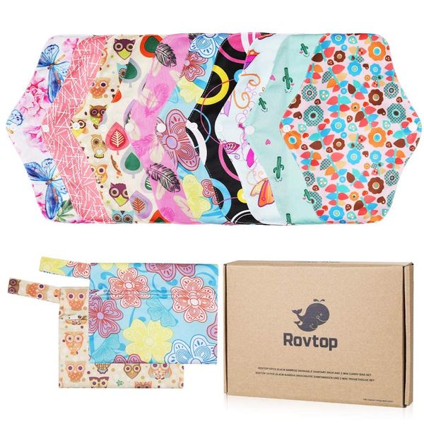 Rovtop Reusable Sanitary Towels Pads（10 Packs,25.4cm）,Menstrual Panty Pads,Washable Sanitary Towel, Washable Sanitary Pads Panty Liners+ 2 Mini Carry Bag Gift Box Set