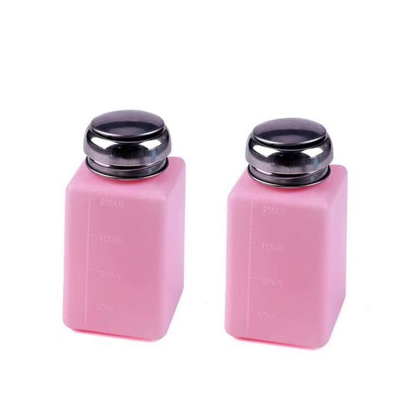 2Pack 200ml Plastic Push Down Pump Dispenser Bottle with Flip Top Cap,Refillable Press Dispenser Bottle Container for Alcohol Nail Polish Remover Lip Eye Makeup Remover Liquid(Pink)