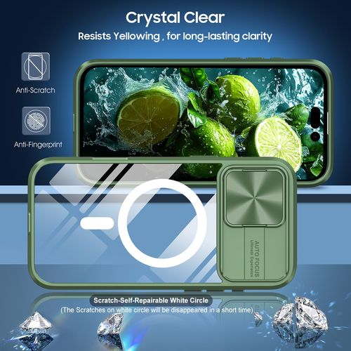 WATEFULL for iPhone 16 Pro MagSafe Clear Case with Slide Camera Cover +1 Screen Protector, [Strong Magnets][Anti Yellow] Clear Anti Scratch Back Bumper Soft Frame for iPhone 16 Pro 6.3"（Green）