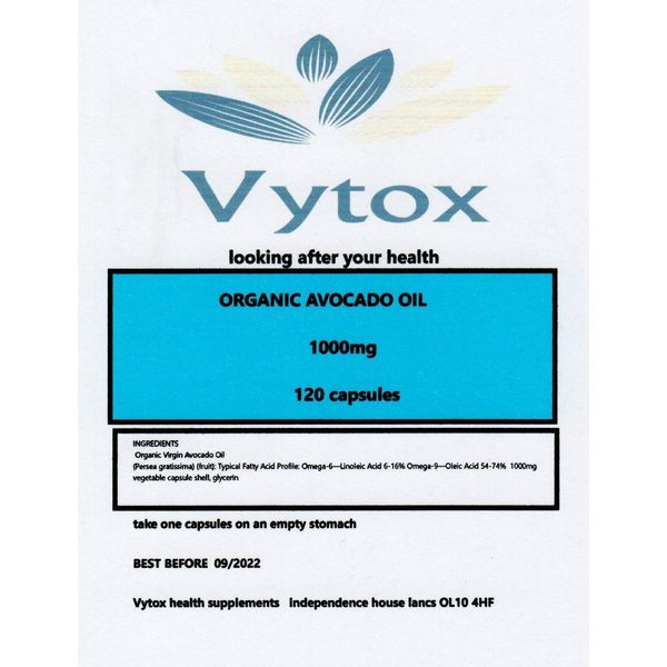 Organic Avocado Oil 1000mg 120 Capsules, 4 Months Supply, by vytox, Rich in oleic Acid, an Omega-9.Vegetarian